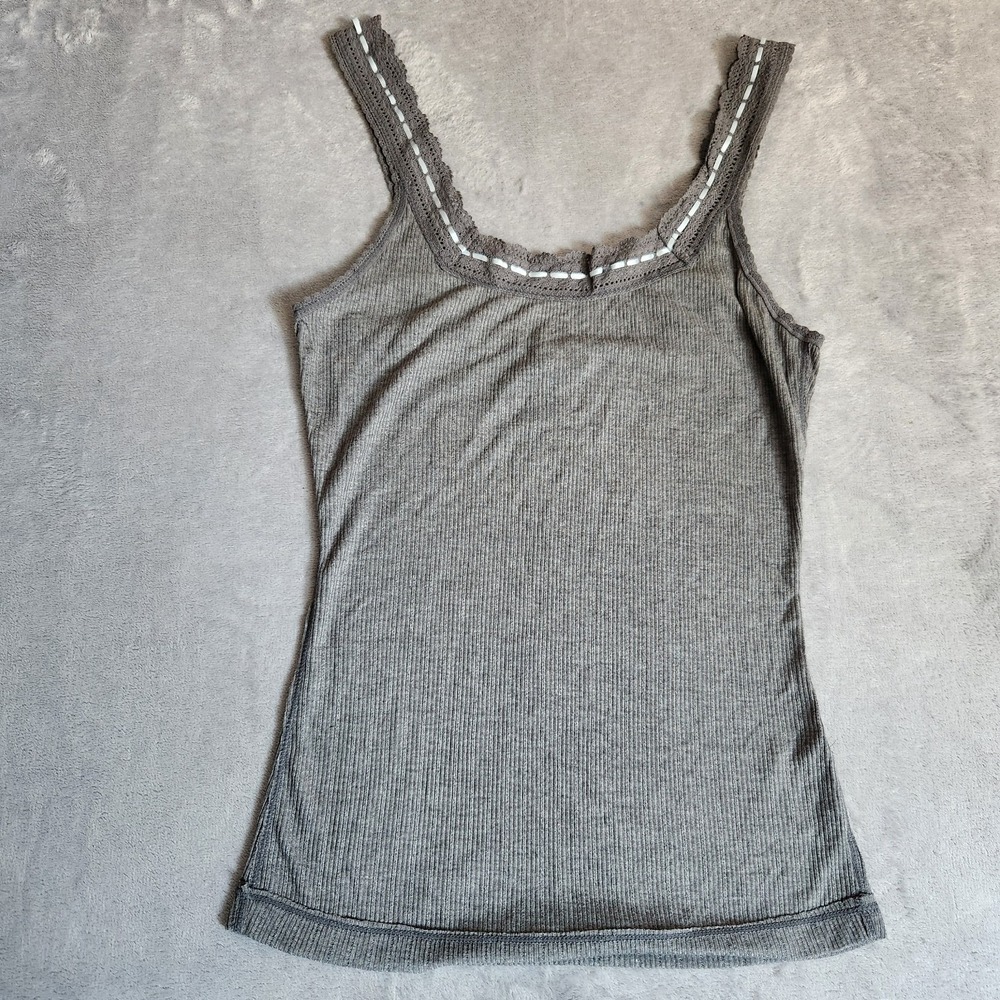 New Free People Only You Tank Top S New Heather Grey Ribbed Lace Trim Ribbon
